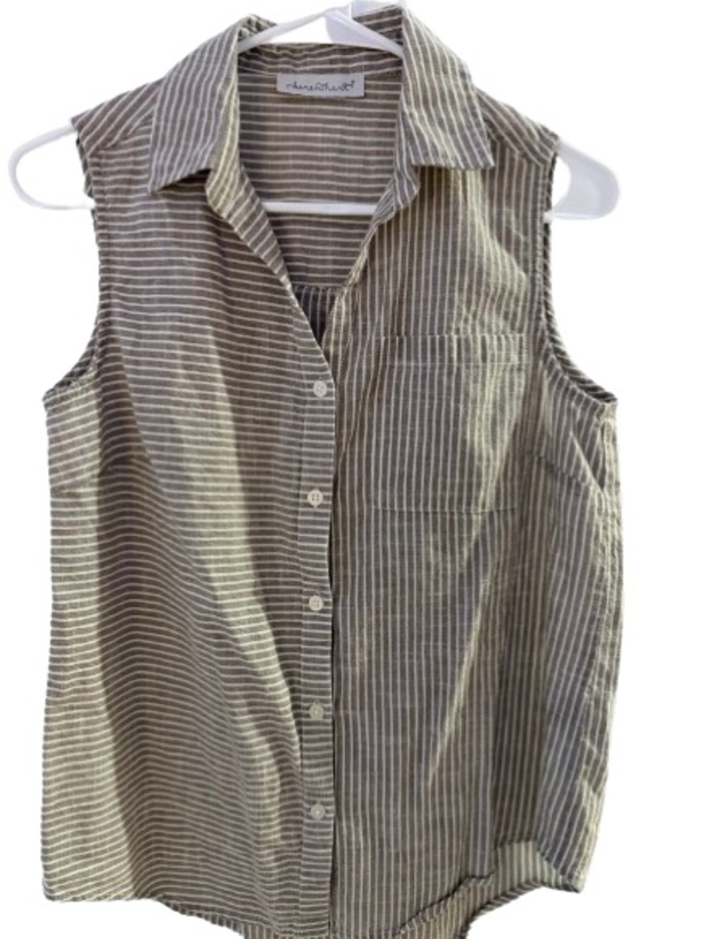 Keren Hart Sleeveless Linen-Blend Button-Down Stripped Blouse      Size Small